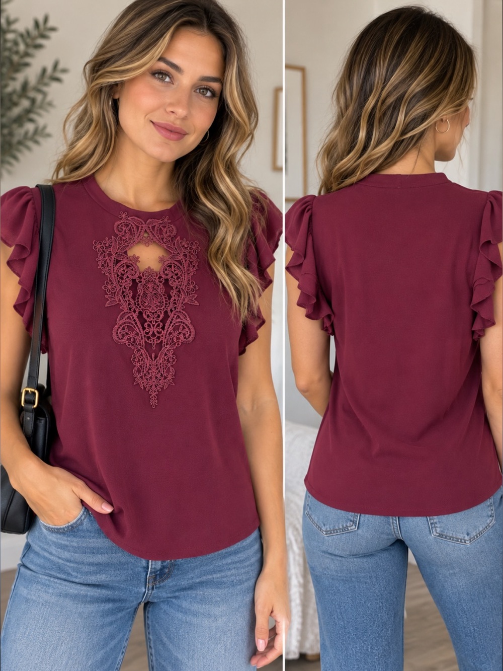 Sweet Rain Burgundy Crochet Lace Keyhole Flutter Sleeve Blouse M